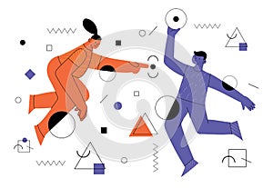 Young man and woman with abstract geometric shapes. Team building and teamwork concept. Business partnership
