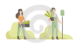 Young Man and Woman in Boot with Shovel and Plant Seedling Engaged in Horticulture Vector Set