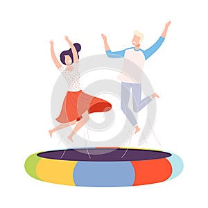 Young Man and Woman Bouncing on Trampoline, Couple Jumping Together, Active Healthy Lifestyle, Summer Time Attraction