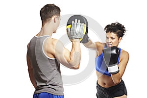 Young man and woman boxing sparring photo