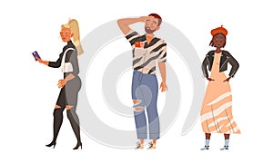 Young Man and Woman in Casual Wear Waiting or Standing in Queue or in Line for Nightclub Vector Set