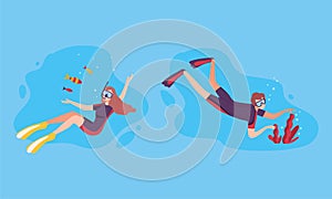 Young Man and Woman Character in Goggles and Flippers Sea Diving and Floating Underwater Vector Set