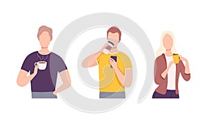 Young Man and Woman Character Holding Cup with Hot Coffee Drink Vector Set