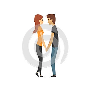 Young man and woman characters holding hands, looking at each other, happy romantic loving couple cartoon vector