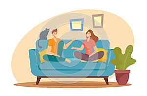 Young Man and Woman Characters Sitting on Sofa at Home Having Active Conversation. People Chatting, Discussing, Family