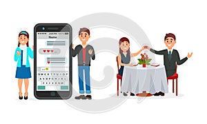 Young Man and Woman Chatting on Dating Site and Sitting in Restaurant Vector Illustration Set