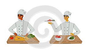 Young Man and Woman Cooking in the Kitchen Chopping Vegetable and Serving Salad on Plate Vector Set