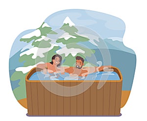 Young Man and Woman Couple Sitting in Wooden Bath with Water Taking Sauna and Spa Water Procedures at Mountain Resort