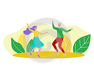 Young man and woman dancing joyfully in a park, surrounded by large stylized leaves, expressing happiness. Cheerful