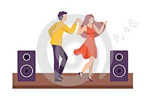 Young Man and Woman Dancing Together at Party, Outdoor Concert Flat Style Vector Illustration