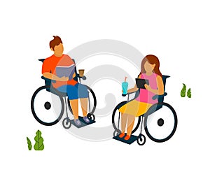 Young man and woman with disabilities spend time in the park reading vector illustration photo