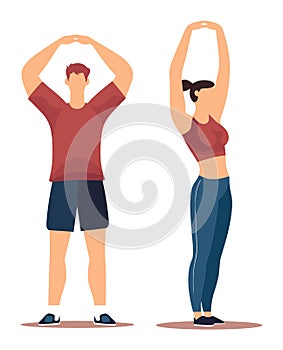 Young man and woman doing stretching exercises. People engaging in workout routine. Fitness activity and gym workout