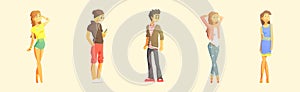 Young Man and Woman Dressed in Trendy Clothes Standing Vector Set