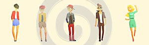 Young Man and Woman Dressed in Trendy Clothes Standing Vector Set