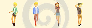 Young Man and Woman Dressed in Trendy Clothes Standing Vector Set