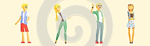 Young Man and Woman Dressed in Trendy Clothes Standing Vector Set