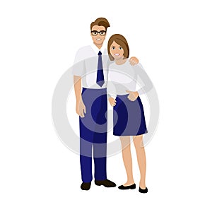 Young man and woman in elegant business suit. Successful business man. Character in cartoon style. Isolated people