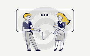 Young man and woman having a dialog about work and business vector outline illustration.