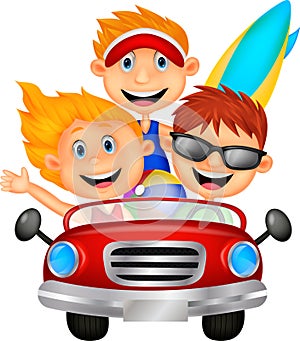 Young man and woman having fun driving their car on a road trip