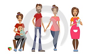 Young Man and Woman Holding Hands, Baby Sitting, Washing the Dishes Vector Illustration Set