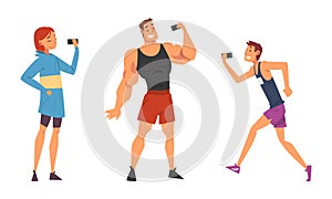 Young Man and Woman Holding Smartphone Having Video Call or Taking Selfie for Social Media Vector Set