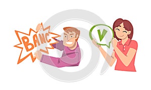 Young Man and Woman Holding Speech Chat Bubble in Her Hands Vector Set