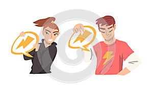 Young Man and Woman Holding Speech Chat Bubble in Her Hands Vector Set