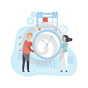 Young Man and Woman Holding Wall Clock, Business People Planning, Organizing, Controlling Working Time, Business Concept