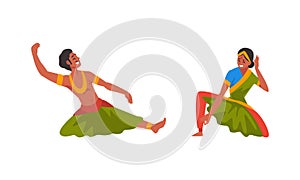 Young Man and Woman Indian Dancer with Bindi in Traditional Clothes Performing Folk Dance Vector Set