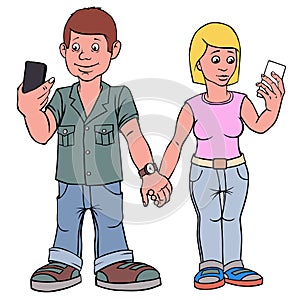 Young man and woman isolated. On a date. Attention to each other do not pay.