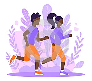 Young man and woman jogging in the park. Afro american couple. Modern flat style vector illustration. The girl and the guy do
