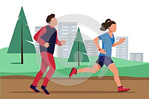 Young man and woman jogging in the park. Healthy lifestyle and fitness concept. Outdoor strength training. Vector flat