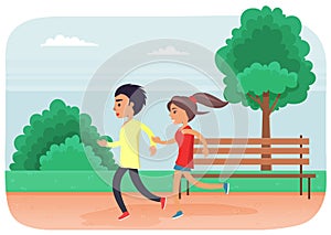 Young man and woman jogging in the park. People running and doing sport outdoors vector illustration