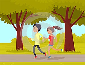 Young man and woman jogging in park together doing fitness. People running and doing sports outdoors