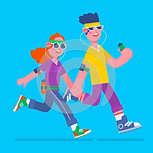 Young man and woman jogging. Young man and woman running it with music earphones and smart phone.Fitness run flat vector illustrat