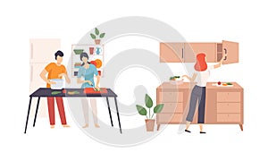 Young Man and Woman in Kitchen Cooking Meal and Preparing Food at Home Vector Set