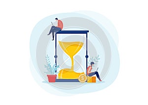 Young man and woman with laptop on sandglass, working hours, Time management hourglass.flat vector illustration