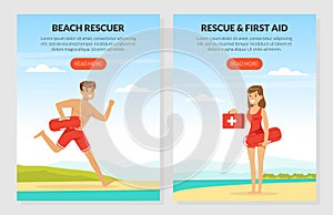 Young Man and Woman Lifeguard Supervising Safety Vector Illustration