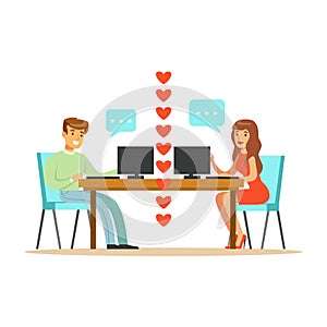 Young man and woman in love chatting sitting in their office colorful character vector Illustration