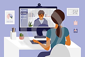 Young man and woman make video call through computer