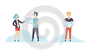 Young Man and Woman with Map Planning Travel Vector Set