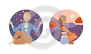 Young man and woman meditating and relaxing. People practicing yoga and breathing exercise set vector illustration