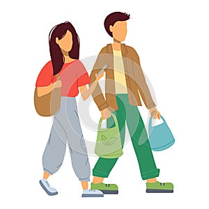 Young man and woman goes with shopping bags