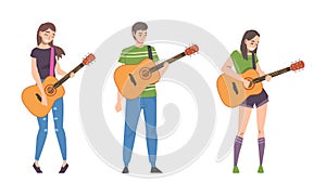 Young Man and Woman Musician Guitarist Character Playing Guitar Performing Street Concert Vector Set