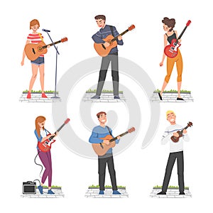Young Man and Woman Musician Guitarist Character Playing Guitar and Singing Performing Street Concert Vector Set