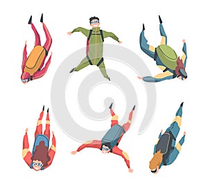 Young Man and Woman Paratrooper Free-falling in the Air with Parachute Vector Set