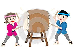 A Young Man And A Woman Performing Japanese Traditional Taiko Drum.