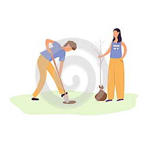 A young man and woman plant a tree. Gardening, garden tools, spring. Couple planting a seedling. Flat cartoon vector