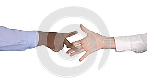 Young man and woman are playing rock paper scissors on white bac