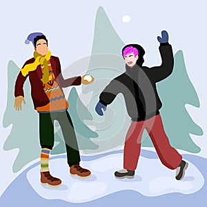 Young man and woman are playing snowballs.